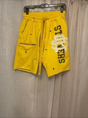 Men's Yellow Athletic Drawstring Shorts with Graphic Logo